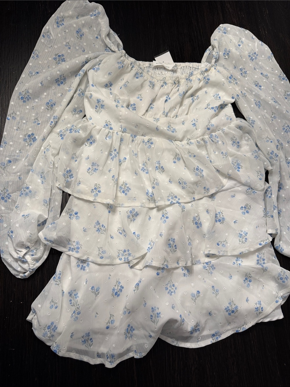 Altar'd State White Mini Dress with Blue Floral Tiered Ruffles
